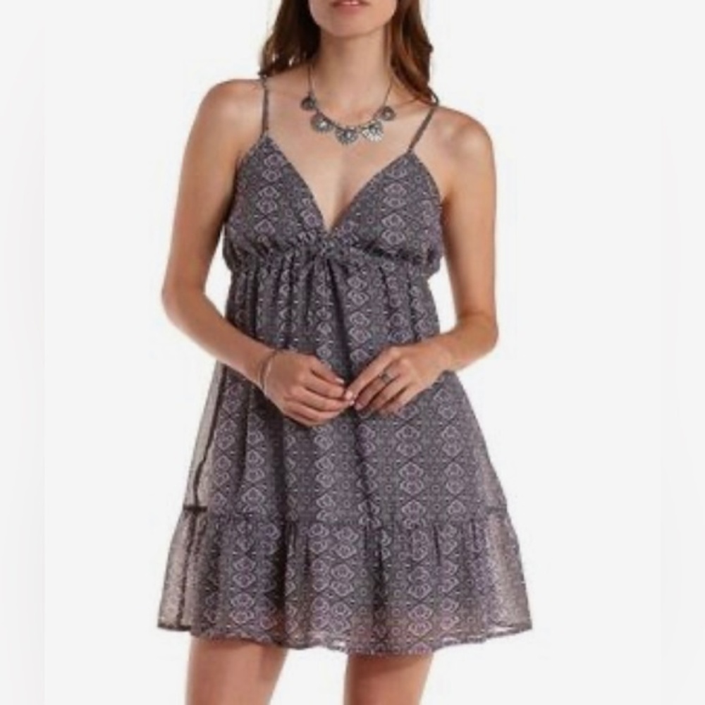 Olive green and purple print chiffon babydoll sundress size medium